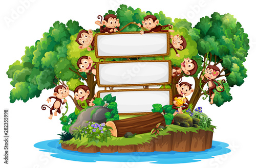 Border template design with cute monkeys on island