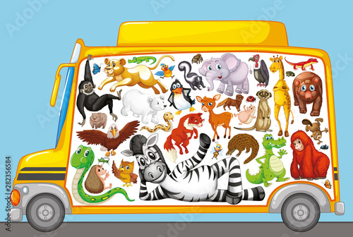 Many cute animals on school bus