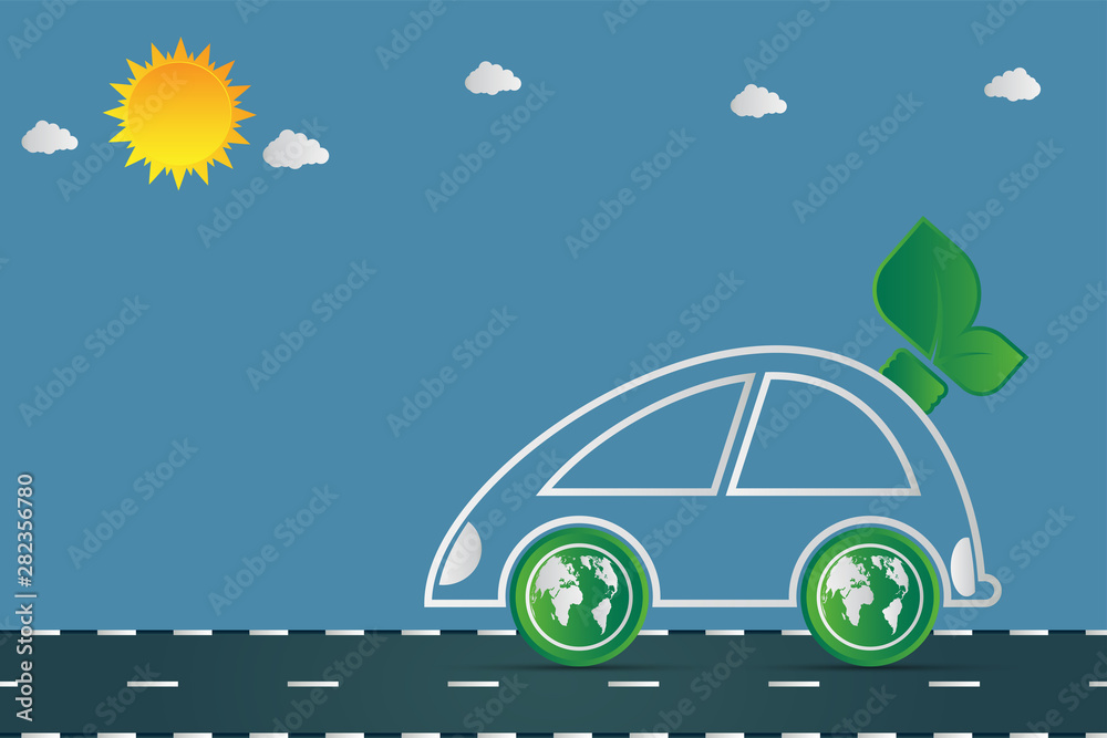 Ecology and Environmental Cityscape Concept,Car Symbol With Green Leaves Around Cities Help The World With Eco-Friendly Ideas