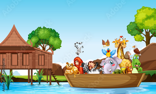 Many cute animals rowing boat