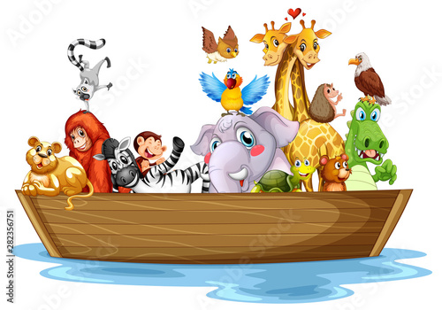 Cute animals on boat on white background