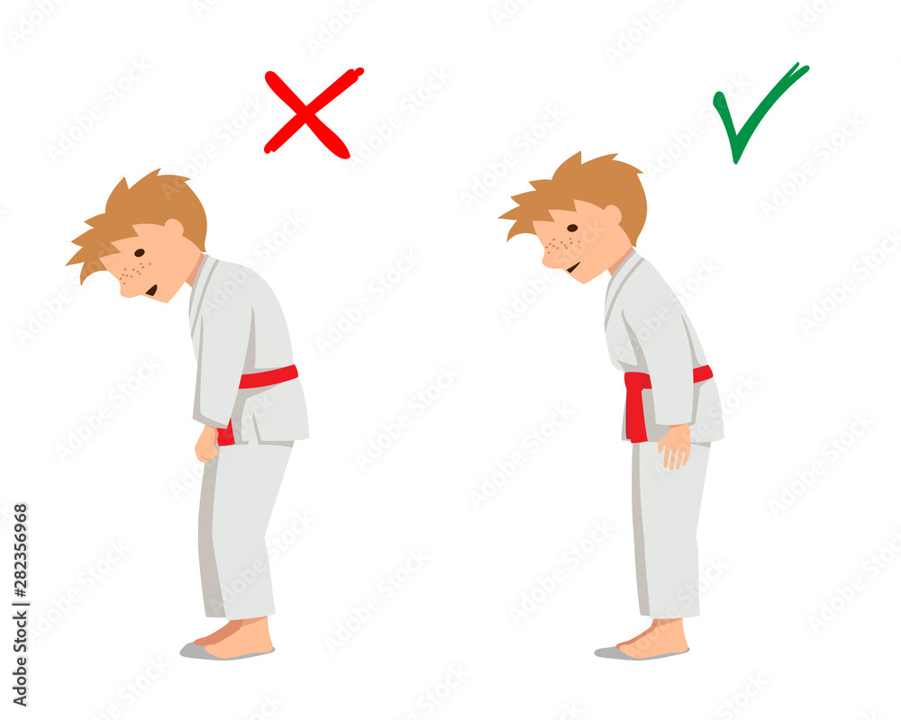 Boy in uniform bows. Dojo greeting. Correct and incorrect execution. Vector illustration. Boy in uniform bows. Dojo greeting. Correct and incorrect execution. Vector illustration.