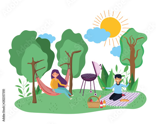 Couple of woman and man having picnic design