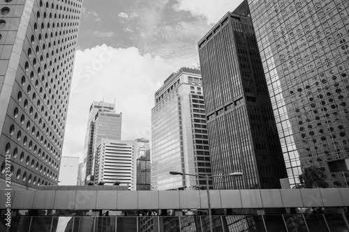 Business buildings in Hong Kong  Low Angle View  Black and White style