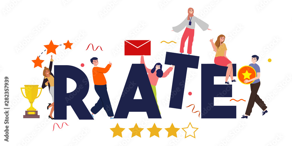 Rate teamwork together business team quality perfection. Five golden rating star illustration in white background.