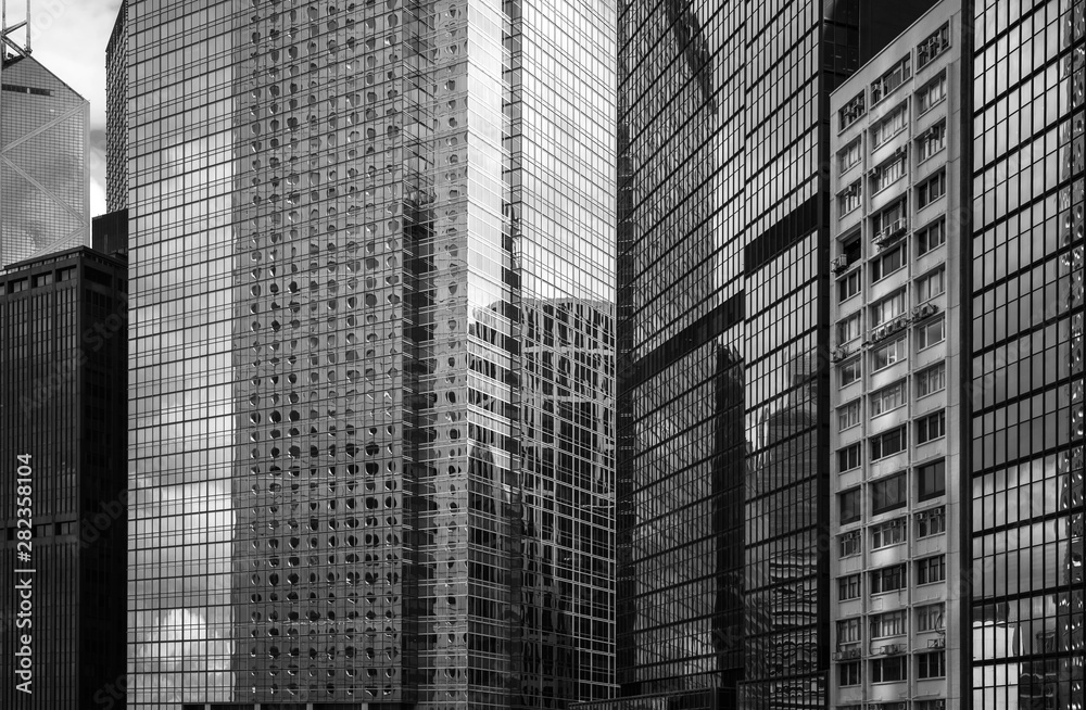 Hong Kong Commercial Building Close Up; Black and White style Hong Kong Commercial Building Close Up; Black and White style