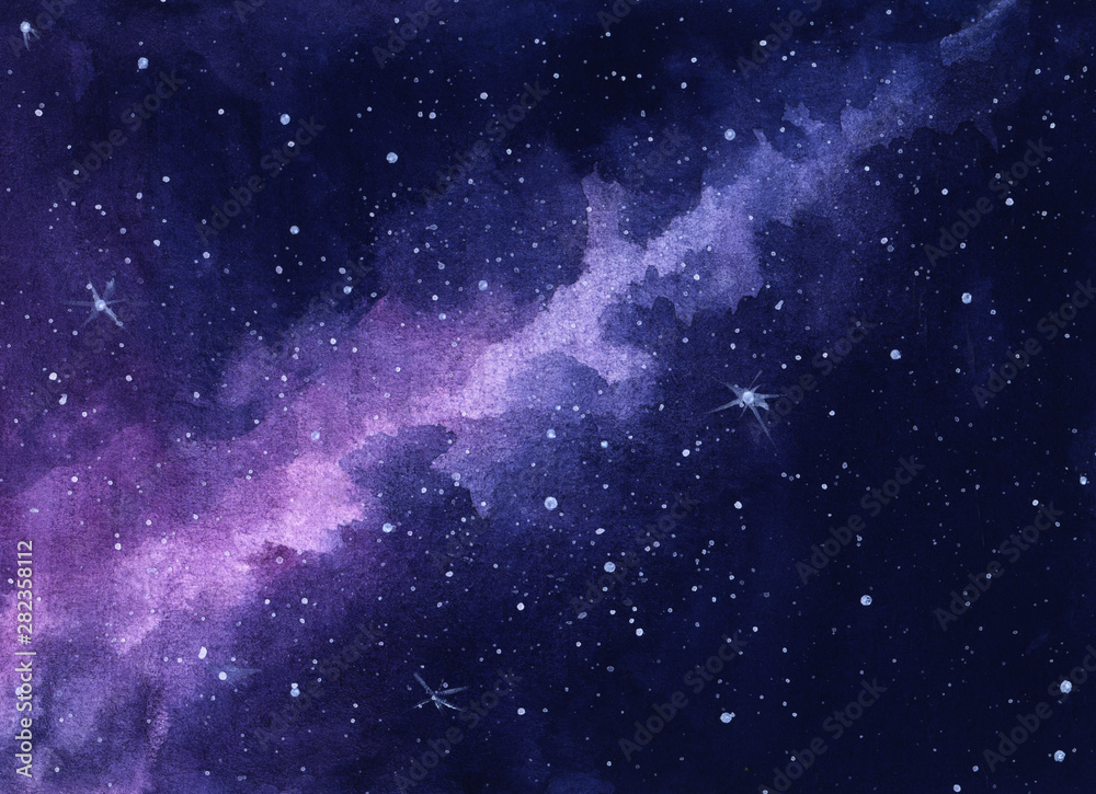 Marvelous night sky with blurred path of milky way and sparkling stars. Purple vague gradient and white stains on dark blue background. Watercolor hand drawn illustration. Abstract space background.