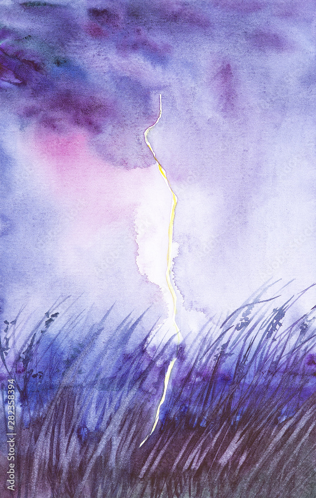Fototapeta premium Night landscape with bright lightning in a clear field during a thunderstorm.Watercolor illustration