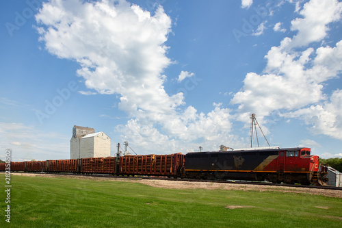 A train with attached cars loaded with cut logs stopped at a station with a grain elevator in the background under a cloudy blue sky in a summer landscape