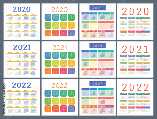 Calendar 2020, 2021, 2022 years. Pocket calender. Colorful set. Week starts on Sunday. Basic grid