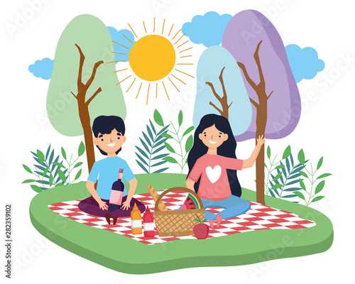 Couple of woman and man having picnic design