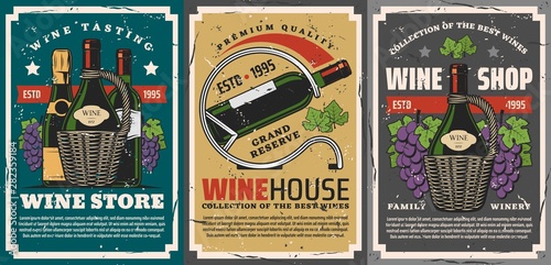 Wine and champagne bottles, grapes, vine. Winery
