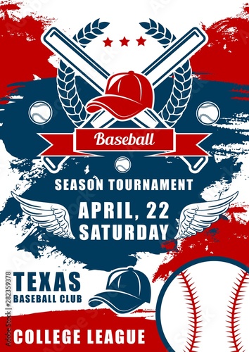 Baseball balls, bats and player caps. Sport club