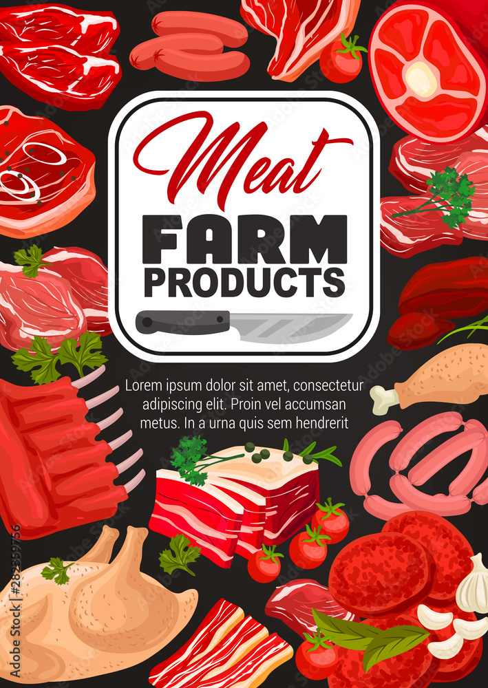 Naklejka premium Meat food, pork, beef sausage, ham, bacon, chicken