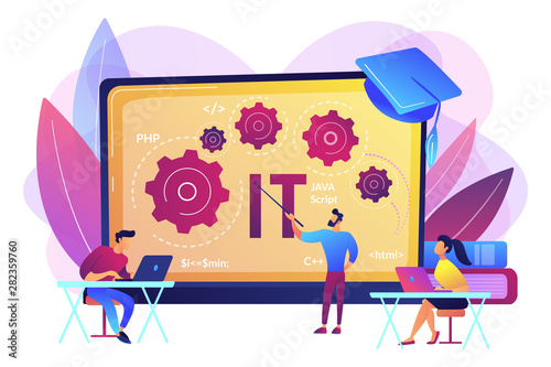 Software development. Programming, coding learning. Information technology courses, IT courses for all levels, computing and hi tech course concept. Bright vibrant violet vector isolated illustration