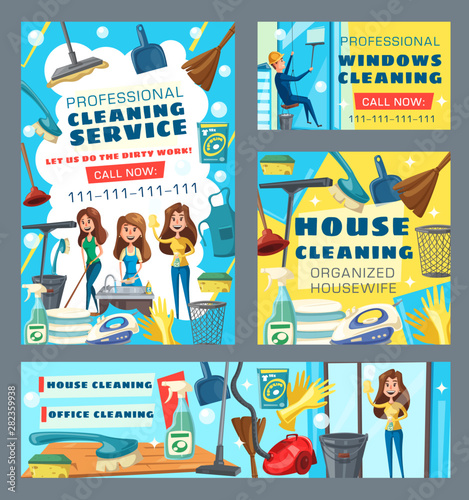 Women cleaners with cleaning tools and detergents
