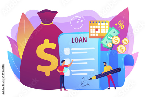 Bank credit. Finance management. Loan agreement signing. Mortgage money credit. Loan disbursement, quick loan service, easy credit program concept. Bright vibrant violet vector isolated illustration
