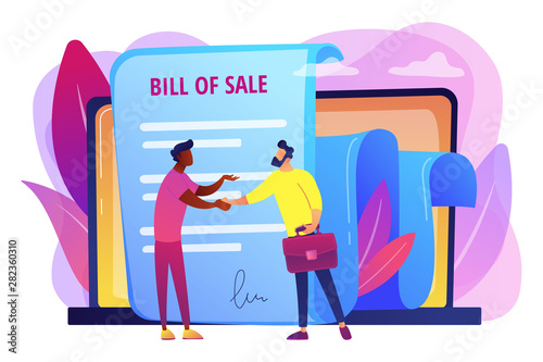 Document for purchase. Customer and purchaser deal. Buying contract. Bill of sale, written selling document, execution of a sales contract concept. Bright vibrant violet vector isolated illustration