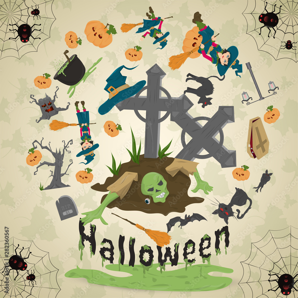 Fototapeta premium illustration of_5_all saints eve, Halloween, circular ornament at the corners of the web with spiders drawings in the circle placed randomly