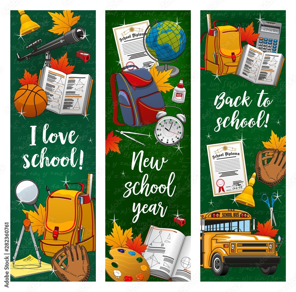 Fototapeta premium Back to school supplies, education season quotes