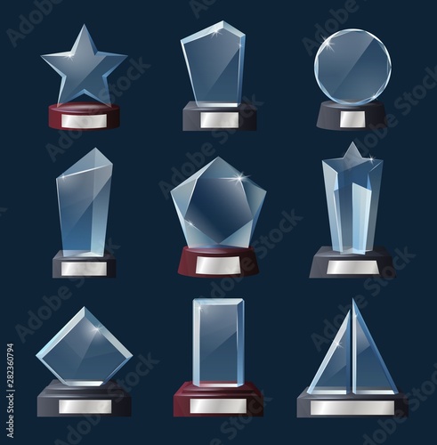 Glass trophies, awards, prizes. Crystal win cups