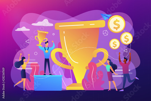 Competition winner holding golden trophy and medal. Leadership and achievement. Prize pool, prize money distribution, tournament main prize concept. Bright vibrant violet vector isolated illustration