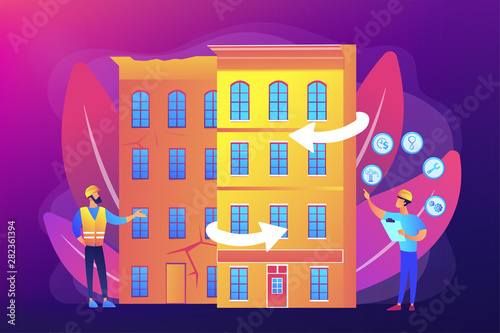 Residential house reconstruction, city renovation. Old buildings modernization, building up service, construction modernization solutions concept. Bright vibrant violet vector isolated illustration