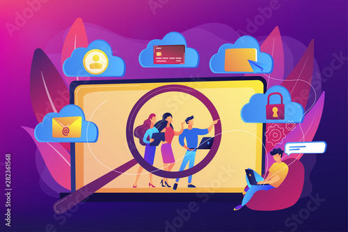 Online security breach, immoral private life offence. Digital ethics and privacy, digital mediums behavior, internet privacy violation concept. Bright vibrant violet vector isolated illustration