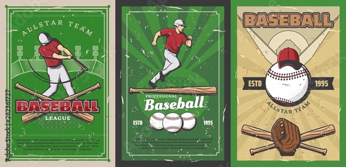 Baseball sport players, balls and bats on stadium