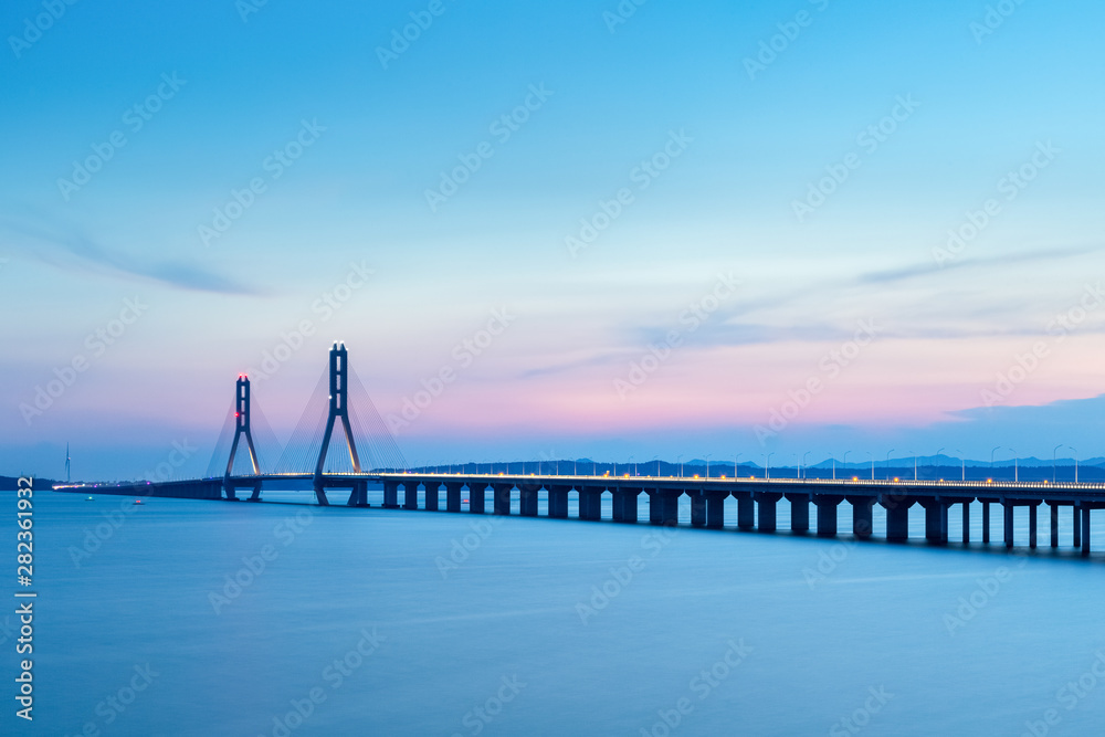 poyang lake cable-stayed bridge in sunset