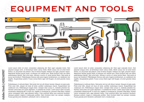 Tools, hammer, drill, shovel, wheelbarrow and axe