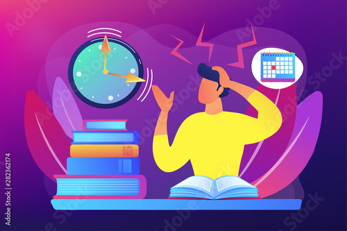 Terrible time crunch, cramming material before tests, examination. Exams and test results, personal exam timetable, exam stress and anxiety concept. Bright vibrant violet vector isolated illustration