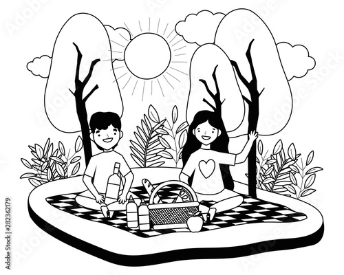 Couple of woman and man having picnic design