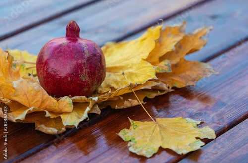 One Pomegranate with Autumn Yellow Leaves on a Wooden Background. Autumn Season
