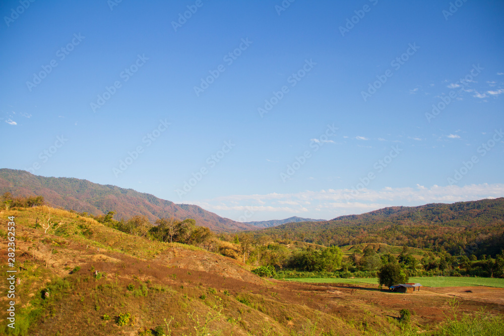 Mountains and forest views with a bright blue sky, feel free freedom and get adventure time. Mountains and forest views with a bright blue sky, feel free freedom and get adventure time.