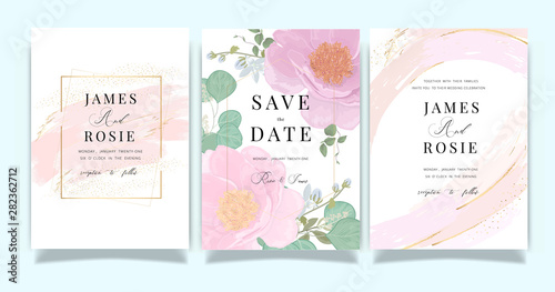 Summer Flower Wedding Invitation set, floral invite thank you, rsvp modern card Design in Pink peony and white  floral with leaf greenery  branches decorative Vector elegant rustic template