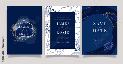 Navy Blue Luxury Wedding Invitation, floral invite thank you, rsvp modern card Design in white flower with  leaf greenery  branches decorative Vector elegant rustic template