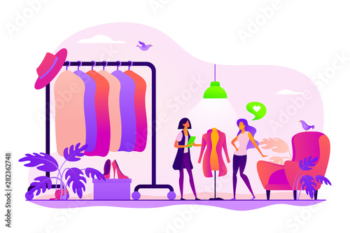 Apparel designer, shopper and seller consultant. Vogue industry, wardrobe update. Fashion house, clothing design house, fashion production concept. Vector isolated concept creative illustration