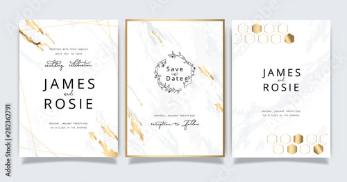 White marble Wedding invitation, RSVP, thank you cards. Vector elegant rustic template. Swirls of marble or the ripples of agate. Liquid marble texture and Golden metallic. Fluid art. 