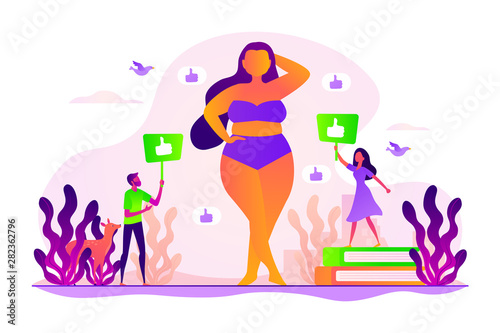 Positive lifestyle, optimistic attitude. Overweight lingerie model. Body positivity, acceptance for all body types, body image, self-confidence concept. Vector isolated concept creative illustration