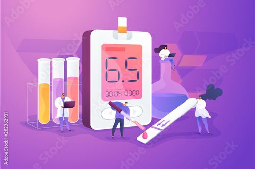 Medical laboratory research. Blood sample analysis. Tube lab testing. Disease diagnostics. Diabetes mellitus, Type 2 diabetes, insulin production concept. Vector isolated concept creative illustration
