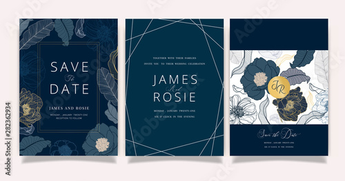 Navy Blue Luxury Wedding Invitation  floral invite thank you  rsvp modern card Design in white flower with  leaf greenery  branches decorative Vector elegant rustic template