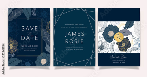 Navy Blue Luxury Wedding Invitation, floral invite thank you, rsvp modern card Design in white flower with  leaf greenery  branches decorative Vector elegant rustic template