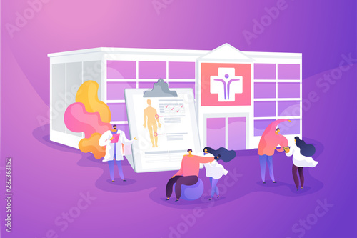 Physiotherapy and rehab clinic patients exercising. Rehabilitation center, rehabilitation hospital, stabilization of medical conditions concept. Vector isolated concept creative illustration