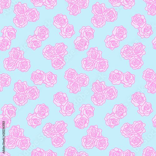 The pink outline of a flower on blue Seamless background. Vintage texture. Retro style. Decorative floral pattern. Design template. Floral bouquet decoration. Wedding concept. Seamless pattern
