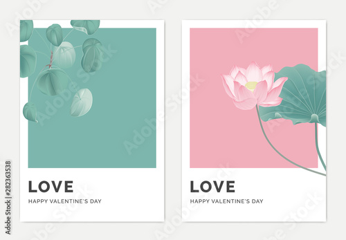 Minimalist botanical valentine greeting card template design, Pilea peperomioides plant on green and lotus on pink photo