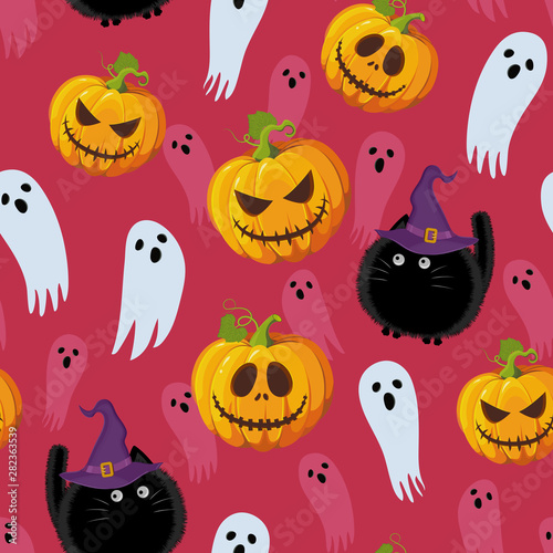Halloween seamless pattern on red pink background. Funny fat cat, ghost and pumpkin halloween pattern background. Halloween theme design vector illustration