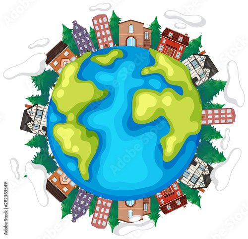 Earth with houses and trees