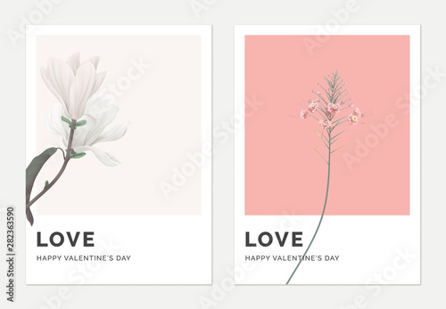 Minimalist botanical valentine greeting card template design, Anise magnolia on grey and peacock on pink