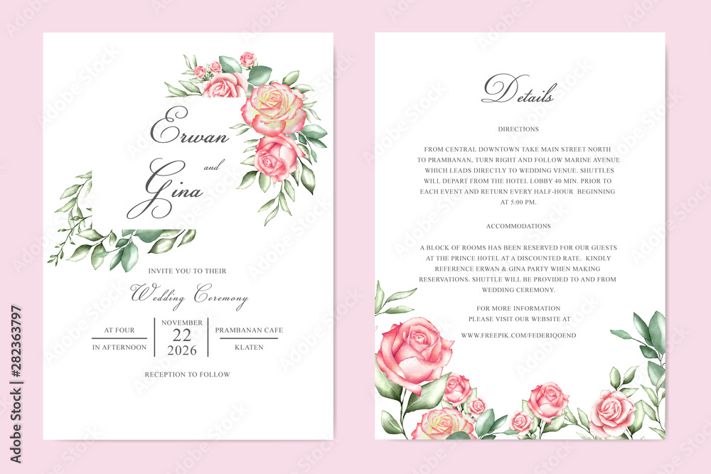 Obraz wedding invitation template card design with floral and leaves
